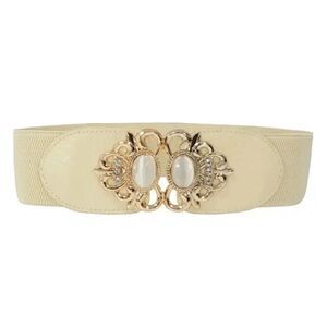ATLAS High Quality Vegan Leather Embellished Elastic Belt CREAM - GOLD